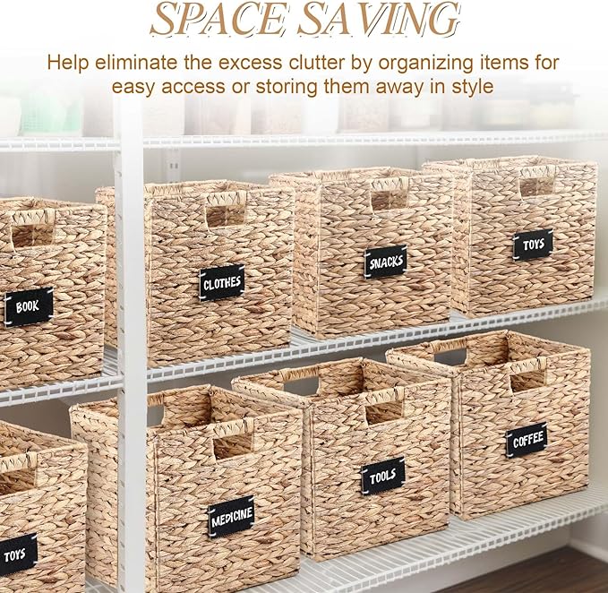 Jinei 12 Pcs Wicker Storage Basket Bulk, 10 x 10 x 10 Inch Handwoven Hyacinth Folding Cube Bin with Handles Labels for Shelves Pantry Laundry Organization