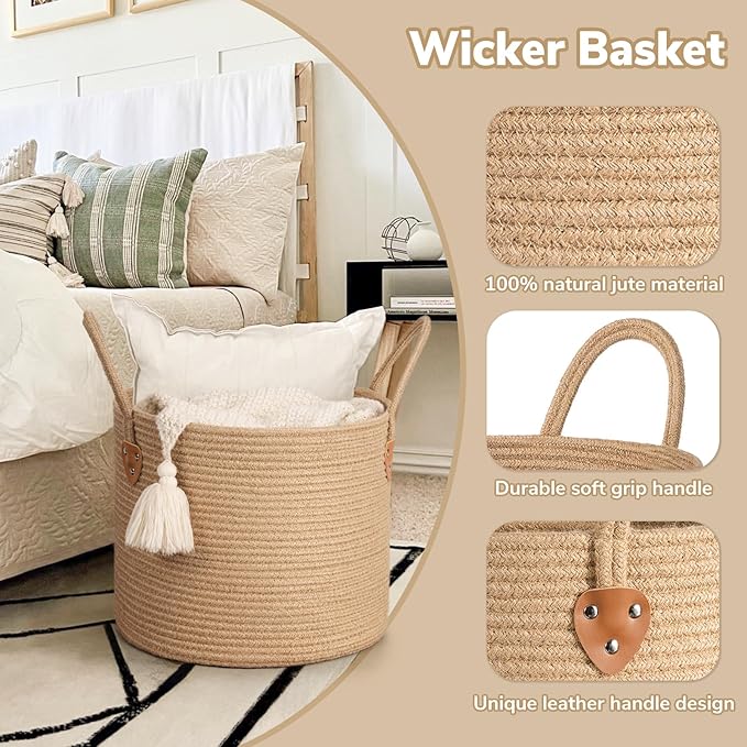 CHICVITA Jute Laundry Basket With Handles, Wicker Basket for Kids Blankets Toys Clothes Shoes, Baby Hamper for Nursery Boho Decor, Plant Baskets Indoor, 14" X 14" X 12", Jute Brown