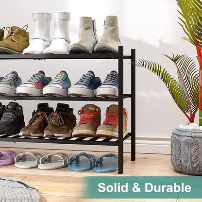viewcare 3-Tier Long Black Shoe Rack, Bamboo Wood Shoe Rack for Closet, Entryway & Hallway, Stackable | Functional | Sturdy