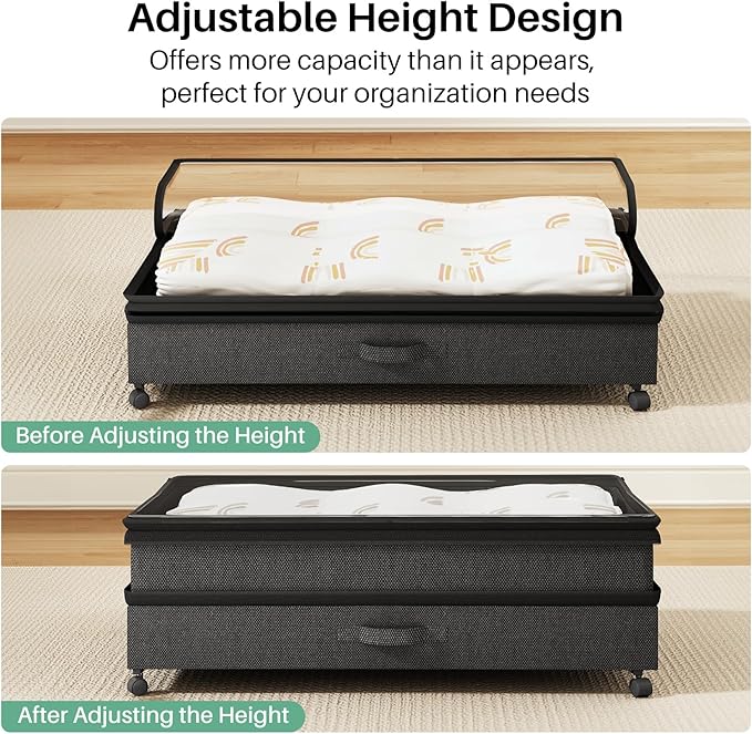Kitstorack 2Pack Height-adjustable Under Bed Storage with Wheels, Under Bed Storage Containers,Under Bed Shoe Storage Organizer with Clear Window&Label, Suitable for Clothes Storage, Black