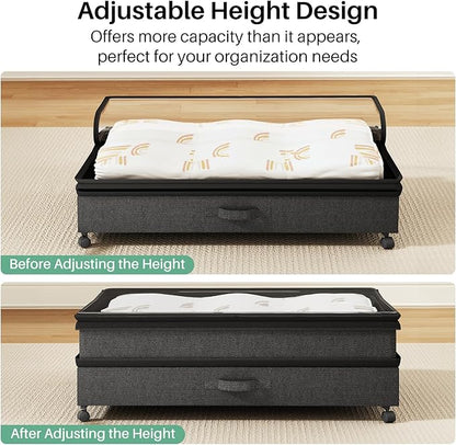 Kitstorack 2Pack Height-adjustable Under Bed Storage with Wheels, Under Bed Storage Containers,Under Bed Shoe Storage Organizer with Clear Window&Label, Suitable for Clothes Storage, Black