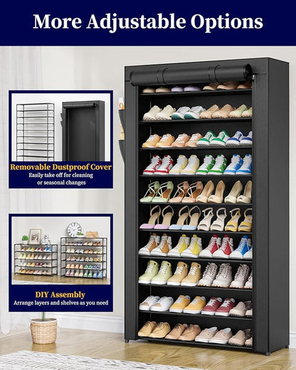 Kitsure Shoe Rack - 10-Tier Shoe Organizer with Zippered Dust Cover & Side Pockets, Easy to Assemble, Space Saving Shoe Rack for Closet, Entryway, Living Room, 33" x 12.4" x 69.3", Black