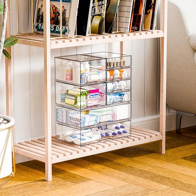 Yieach 8 Pack Clear Stackable Storage Drawers,Acrylic Drawer Organizer for Medicine,Palettes,Hair Accessories and Makeup Organizer,Plastic Drawers for Cabinet,Office,Desk,Bathroom Storage Containers