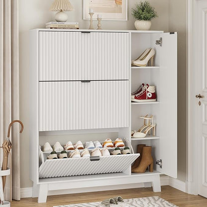 Xixini Shoe Cabinet with 3 Flip Drawers, 54" Tall Narrow Fluted Shoe Storage Organizer for Entryway, Hidden Wooden Shoe Rack with Adjustable Side Cabinet for Front Door Entrance, Hallway, Solid White