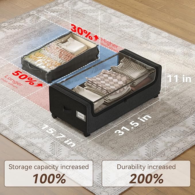 Under Bed Storage, Tall Size Under Bed Storage With Wheels, Under bed Shoe Storage, Metal Frame, 90L Capacity, Storage Drawers for Bedroom