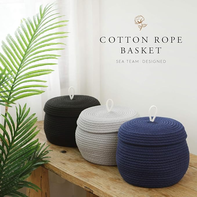 Sea Team Round Cotton Rope Storage Basket with Lid, Decorative Woven Storage Bin, Pot, Caddy, Organizer, Container for Snacks, Towels, Plants (Dark Blue, Small/2-Pack)