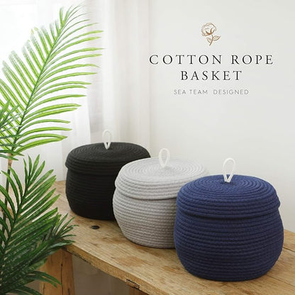 Sea Team Round Cotton Rope Storage Basket with Lid, Decorative Woven Storage Bin, Pot, Caddy, Organizer, Container for Snacks, Towels, Plants (Dark Blue, Small/2-Pack)