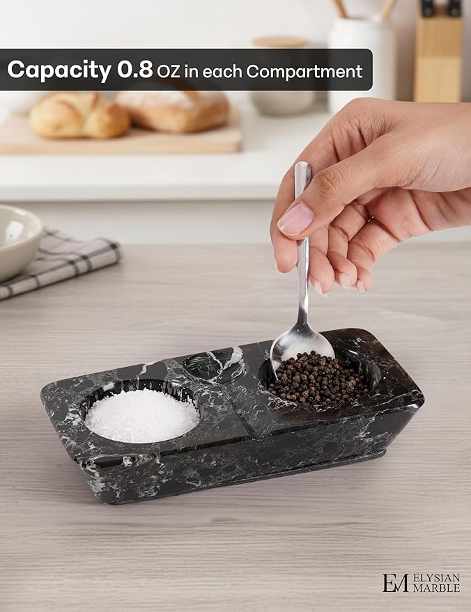 Marble Salt and Pepper Dish with Spoon, Handcrafted Double Spice Tray with 2 Compartments, Natural Stone Condiment Dish for Cooking Prep and Serving - Black