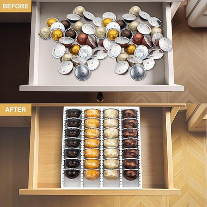 MinBoo Bamboo Coffee Capsule Storage Drawer Tray, Bamboo Drawer Insert Organizer Holds Coffee Pods, Compatible with Vertuoline Capsules, Suitable for Kitchen, Home, Office,White