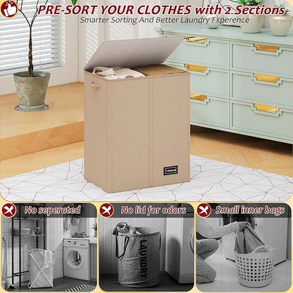 150L Laundry Hamper 2 Section, Large Laundry Hamper with Lid, Dirty Clothes Hamper with 2 Removable Inner Bags, Collapsible Laundry Basket Organizer for for Clothes Toys Towels, Hamper 2 Compartment