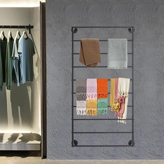 Wall Mounted Scarf Rack 10 Tier Scarf Display Stand Black Metal Scarf Holder Organizer Rack Commercial Clothing Store Wall Mounted Ribbon Storage Rack for Towel Scarf Ribbon