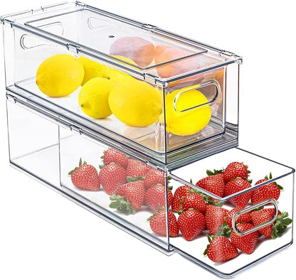 bealy 2 Pack Refrigerator Organizers and Storage, Stackable Clear Pull out Drawer Organizer Bins, BPA-Free Fridge Organizer and Storage for Fruit, Produce, Drink, Snack and Food Storage Containers