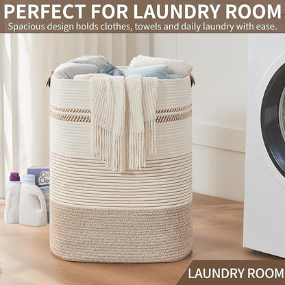 AINUOQI Laundry Basket with Handles - Blanket Basket & Hampers for Bedroom Aesthetic, Laundry Hamper & Blanket Storage for Living Room, Clothes Hamper, Tall, Large 17" x 14" x 22”, Light Brown & White