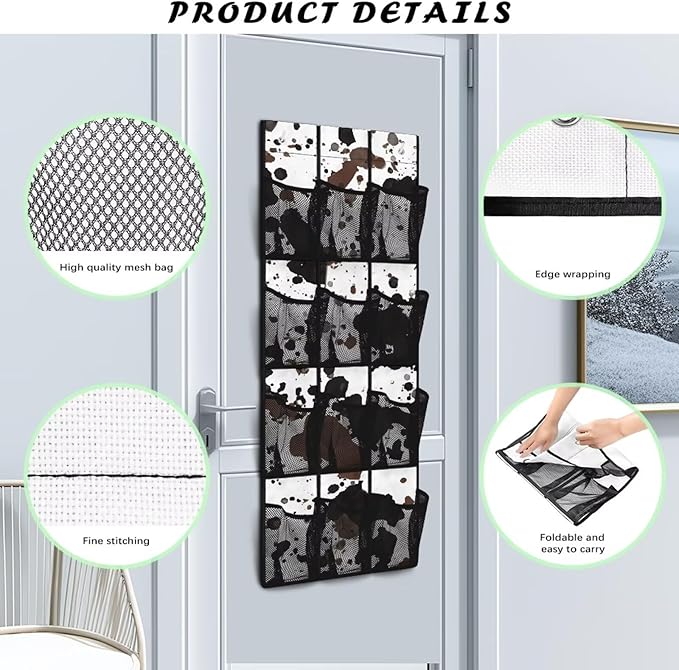 Cowhide Pattern Door Hanger Organizer Mesh Fabric 12 Pockets Over The Door Shoe Organizer for Camping White Wall Hanging Storage for Bathroom
