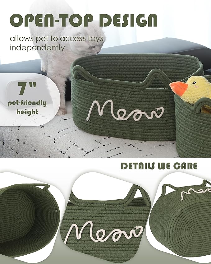 Sea Team Cat Toy Basket with Handles, 16.5 x 11 x 7 Inches, 4.4 Gallons Large Cotton Rope Storage Bin, Box, Shelf Organizer for Pet Chew Toys, Foods, Green Meow