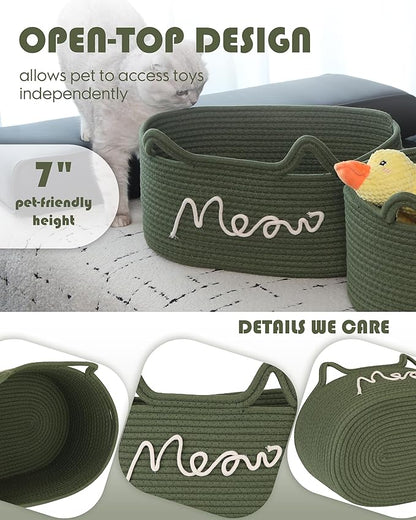 Sea Team Cat Toy Basket with Handles, 16.5 x 11 x 7 Inches, 4.4 Gallons Large Cotton Rope Storage Bin, Box, Shelf Organizer for Pet Chew Toys, Foods, Green Meow