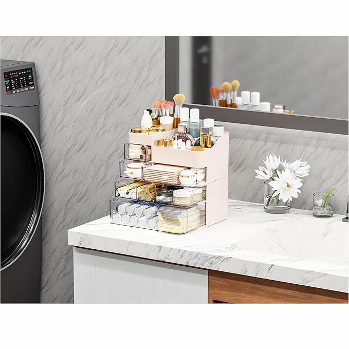 Pink Makeup Countertop Organizer,Large Capacity Make up Organizers for Vanity with 6 Drawer,Plastic Bathroom Skincare Organizers for Eyeshadow,Brush,Palettes,Perfume,Beauty Products,Skin Care Storage