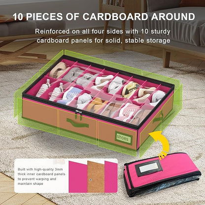 homyfort Shoe Organizer Under Bed, Fits 32 Pairs, Under bed Shoe Storage Boxes with Study Handles and Clear Cover, zapateras organizer for shoes, set of 2