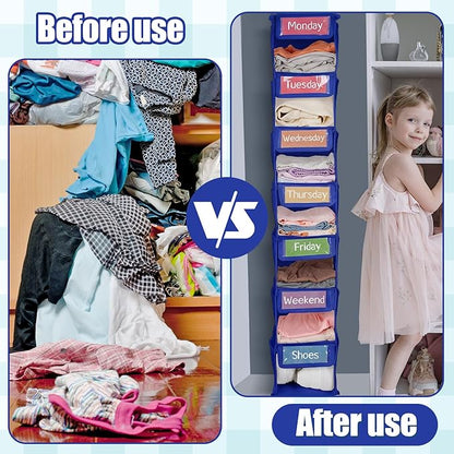2 Pack 7 Shelf Weekly Clothes Organizer Hanging Closet for Kids with Side Pockets Weekday Shoes Rack Weekly Clothes Organizers Monday Through Weekend Foldable Storage Shelves (Dark Blue)