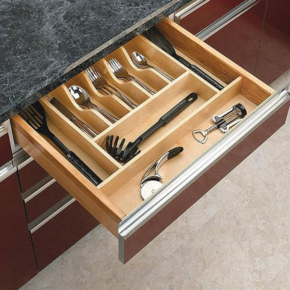 Rev-A-Shelf Trim-to-Custom-Fit Silverware Drawer Organizer for Kitchen Utensil Cutlery Cabinet Storage, Natural Maple Wood 9 Compartment Tray Insert 4WCT-3SH