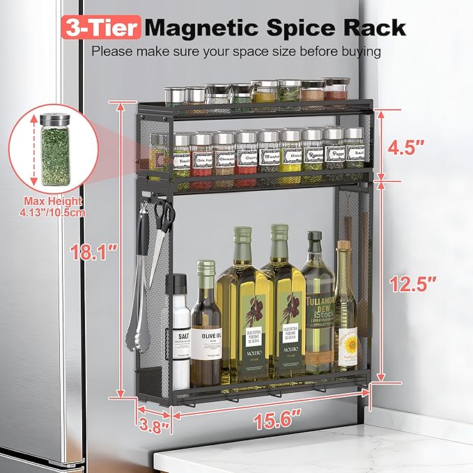 Docnest 3 Tier Magnetic Spice Rack for Refrigerator with 9 Hooks, Space-Saving Metal Spice Organizer, Condiment Storage Spice Shelf for Ferrous Metal Surfaces- Black