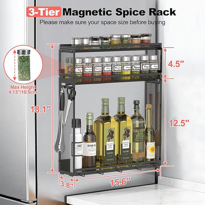 Docnest 3 Tier Magnetic Spice Rack for Refrigerator with 9 Hooks, Space-Saving Metal Spice Organizer, Condiment Storage Spice Shelf for Ferrous Metal Surfaces- Black
