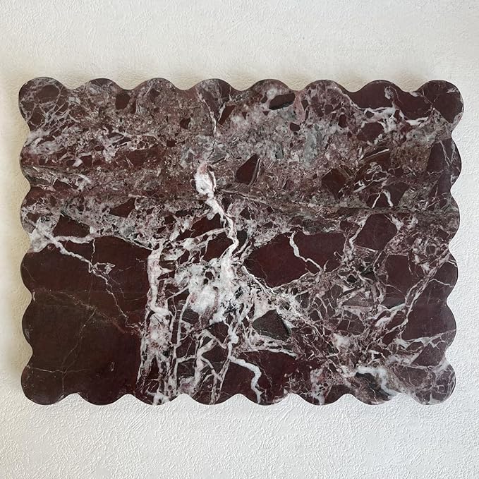Natural Scalloped Marble Tray 10.8"x8",Rectangle Tray for Bathroom Kitchen Counter, Decorative Tray for Dresser (Rosa Levanto)