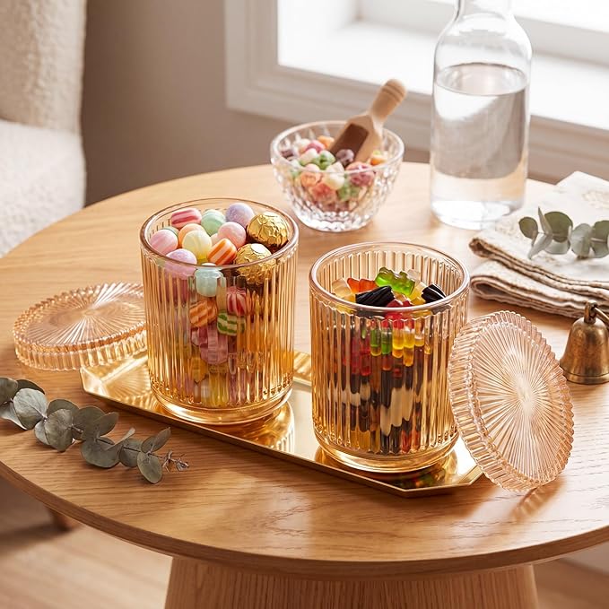 2 Pcs Crystal Glass Candy Jars Set with Lids and Stainless Steel Vanity Tray, Q tip Holder, Apothecary Jars, Glass Bathroom Accessories Organizer, Esthetic Modern Bathroom Decor(Amber)