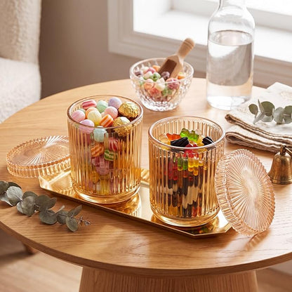 2 Pcs Crystal Glass Candy Jars Set with Lids and Stainless Steel Vanity Tray, Q tip Holder, Apothecary Jars, Glass Bathroom Accessories Organizer, Esthetic Modern Bathroom Decor(Amber)