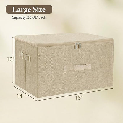 ANMINY Storage Bins with Zipper Lids 36 Qt Lidded Fabric Storage Boxes Baskets Cubes with Handles Collapsible Washable Cotton Linen Closet Shelf Clothes Organizer Containers - Beige, Large