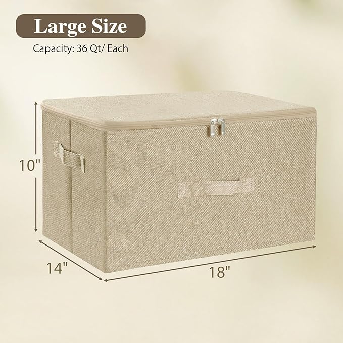 ANMINY 2PCS Storage Bins with Zipper Lids 36 Qt Lidded Fabric Storage Boxes Baskets Cubes with Handles Collapsible Washable Cotton Linen Closet Shelf Clothes Organizer Containers - Beige, Large