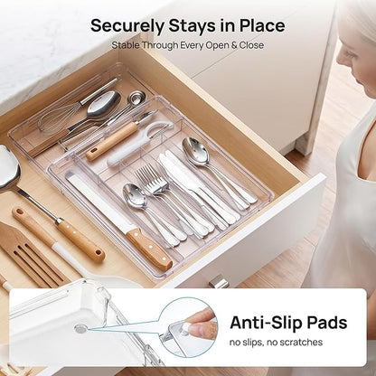 Vtopmart Expandable Silverware Organizer, Clear Plastic Food-Safe Cutlery Flatware Organizer, Kitchen Utensil Drawer Organizer, Adjustable Silverware Holder for Spoons Forks Knives, (6-9 Slots)