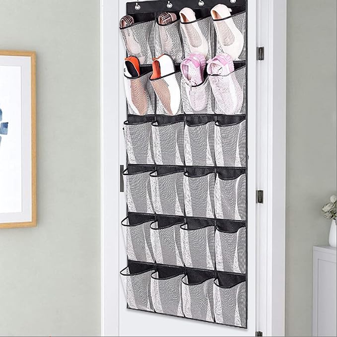 Over Door Shoe Storage 24 Mesh Pockets Over the Door Organiser for Shoes Multifunctional Hanging Shoe Rack Storage for Bedroom, Living Room, Bathroom, For Wardr