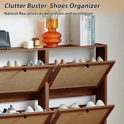 AVZEAR Narrow Shoe Storage Cabinet for Entryway with Natural Linen Panel, Freestanding Slim Shoe Cabinet with 4 Flip Drawers, Wood Shoe Organizer Closed Shoe Rack for Hallway, Living Room(Walnut)