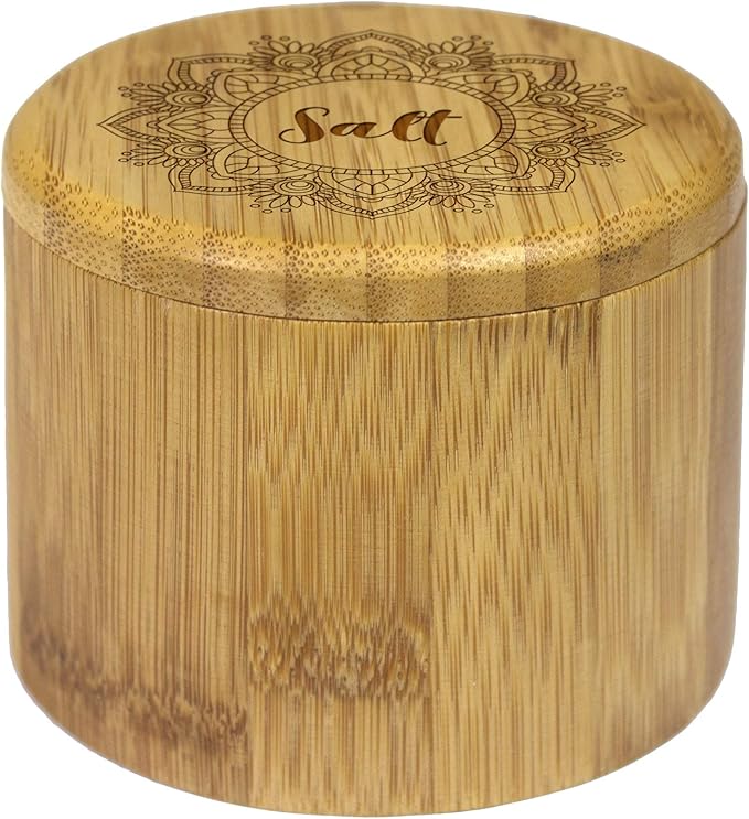 Totally Bamboo Salt Cellar Bamboo Storage Box with Magnetic Swivel Lid, 6 Ounce Capacity, Mandala Flower Engraved on Lid