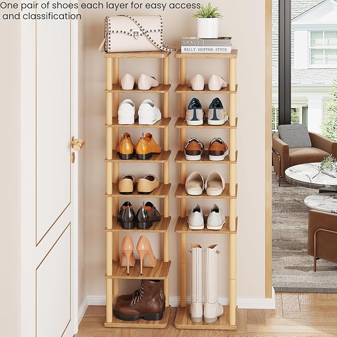LUCKNOCK Vertical Shoe Rack, 8-Tier Tall Narrow Shoe Organizer for Entryway, Closet, Dorm & Small Spaces, Freestanding Wooden Shoe Shelf Tower for Boots, Sneakers, Heels. (Walnut)