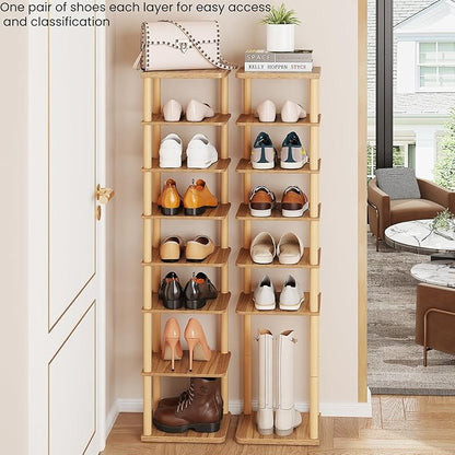 LUCKNOCK Vertical Shoe Rack, 8-Tier Tall Narrow Shoe Organizer for Entryway, Closet, Dorm & Small Spaces, Freestanding Wooden Shoe Shelf Tower for Boots, Sneakers, Heels. (Walnut)