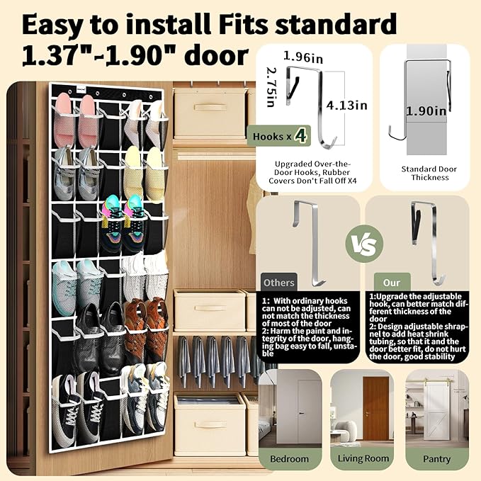 PAULONE Over the Door Organizer with 30 Large Pockets, 3 Sizes of Closet Hangers, Holds up to 69 lbs, Hanging Organizer with Clear Window for Children's Toys, Shoes, Diapers (Black)