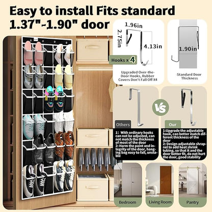 PAULONE Over the Door Organizer with 30 Large Pockets, 3 Sizes of Closet Hangers, Holds up to 69 lbs, Hanging Organizer with Clear Window for Children's Toys, Shoes, Diapers (Black)