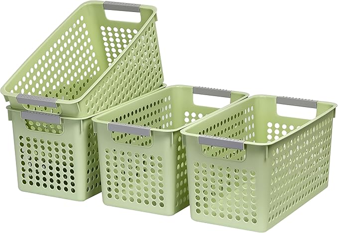 Soddeph Slim Plastic Storage Basket with Handles, Narrow Organizer box for Shelves, Organizer box for Organizing, Kitchen,Home,Office (Green, Medium)