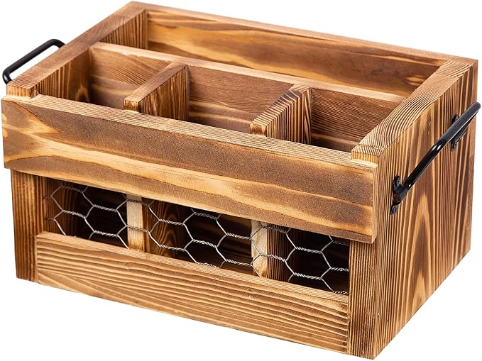 Rustic Weathered Brown Wood Utensil & Napkin Holder Black Metal Handles Chicken Wire Front Panel Kitchenware and Tableware Organizer Wooden Cutlery Storage Caddy Kitchen Dining Room Fork Spoon