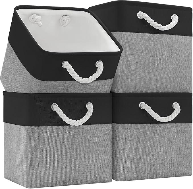 Patvingot 11 Inch Cube Storage Bins, 4 Pack Fabric Storage Cubes with Rope Handles, Organizer Baskets for Closet Shelves, Clothes and Home Organization(Dark/Gray)