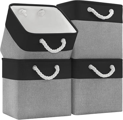 Patvingot 11 Inch Cube Storage Bins, 4 Pack Fabric Storage Cubes with Rope Handles, Organizer Baskets for Closet Shelves, Clothes and Home Organization(Dark/Gray)
