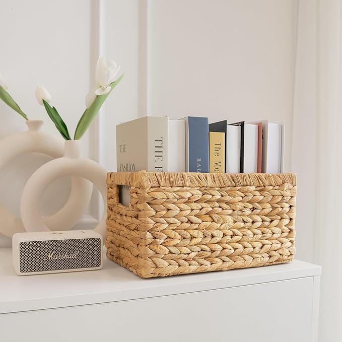 2-Pack Handwoven Water Hyacinth Storage Baskets with Handles, Wicker Bins for Pantry Organization, Shelf or Closet Organizer, Decorative Boho Rectangular Basket 13.5" x 8"