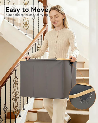 Storage Basket with Lid and Handles, 135L Fabric Bin with Divider for Shelf, Closet, Toy Organization, Collapsible Storage Organizer for Home, Grey