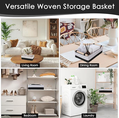 Wicker Storage Basket with Wooden Handle – Paper Rope Decorative Toilet Paper Baskets & Bathroom Organizer for Toilet Tank Top, Shelves, Bedroom, Countertop,Home,Office Storage Bins, 2 Pack,Black