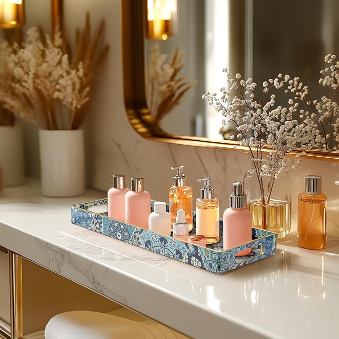 MAONAME Plastic Vanity Tray, Bathroom Counter Tray, Decorative Trays with Handles, Storage Dresser Trays Organizer for Toilet Tank, Jewelry, Makeup, 13.8" x 6" x 1.57"