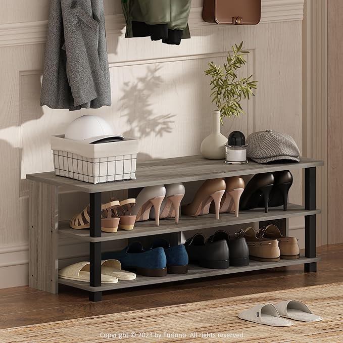 Furinno Turn-N-Tube Shoe Rack, 3-Tier Shoe Organizer, Compact Shoe Storage with Open Shelves, 15.5 x 41.1 x 15.8, Easy Assembly, for Closet Entryway, Office, Garage, French Oak/Black