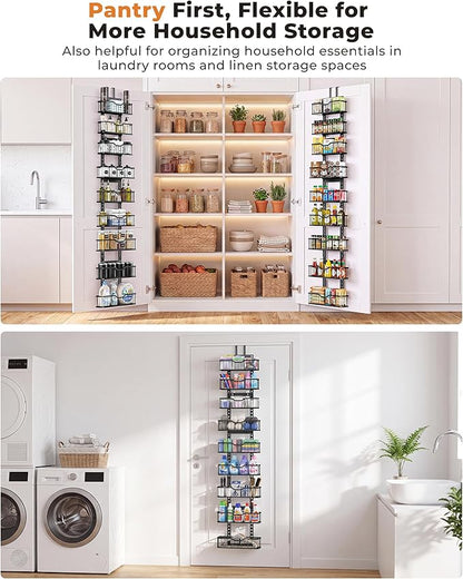 EVERIE Over the Door Pantry Organizer, 9-Tier Heavy Duty Door Storage Rack with Solid Bottom Baskets, Stable No-Bumping Design, Adjustable Hanging Shelves for Kitchen Pantry