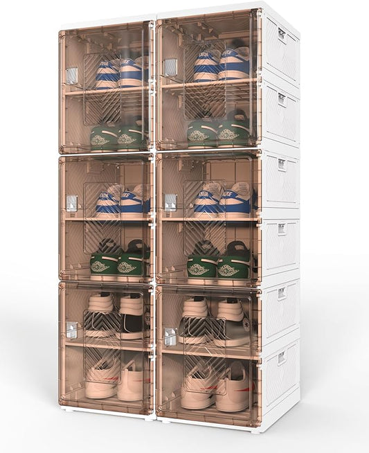 Latoxcaa 6 Tiers Foldable Shoe Storage, No-Tool Assembly Shoe Box with Magnetic Clear Doors, Closed Shoe Rack for Closet, Entryway and Garage, Fits Men's Size 14, 12 Pairs